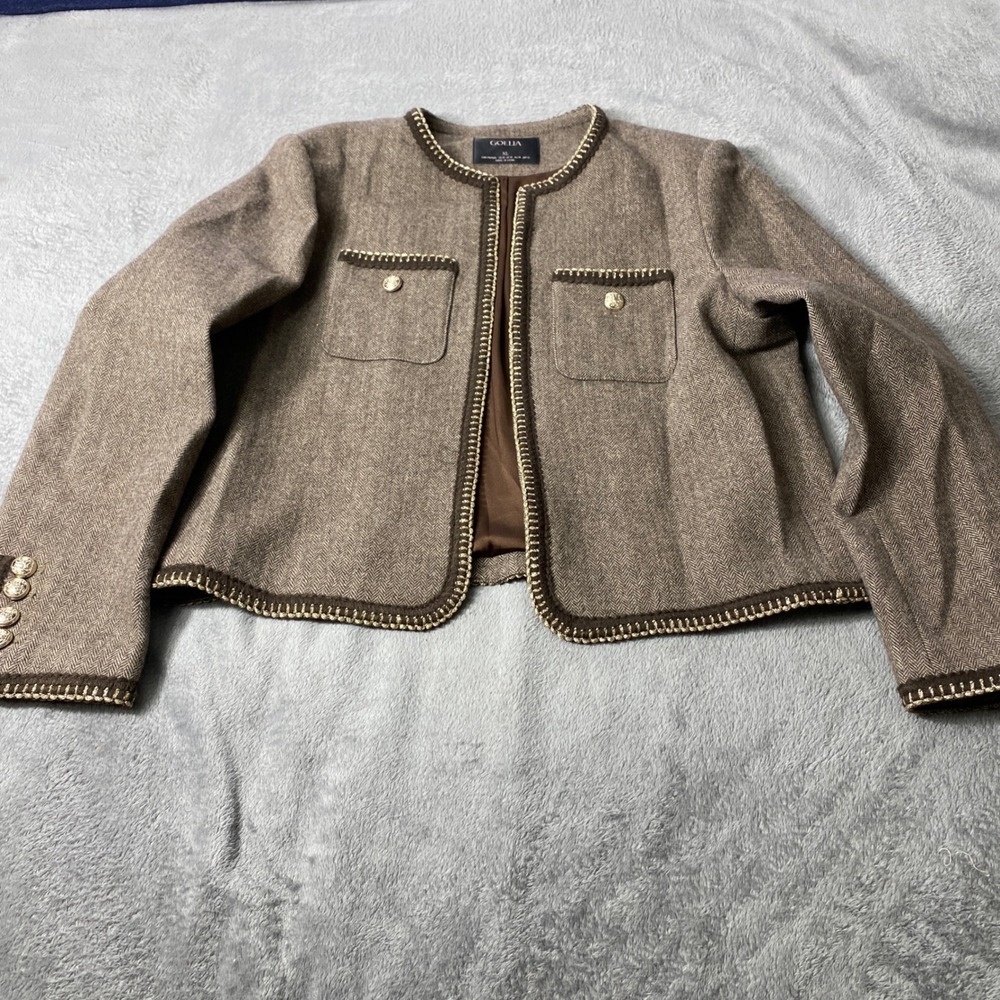 GOELIA Jacket Size 10  XL Brown Herringbone 100% Merino Wool Cropped Lady Jacket